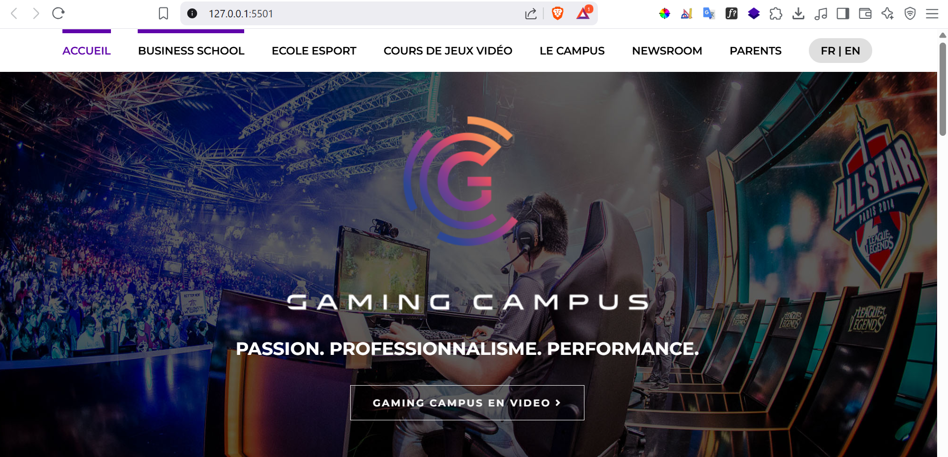 Capture d'écran du projet du site gaming crée